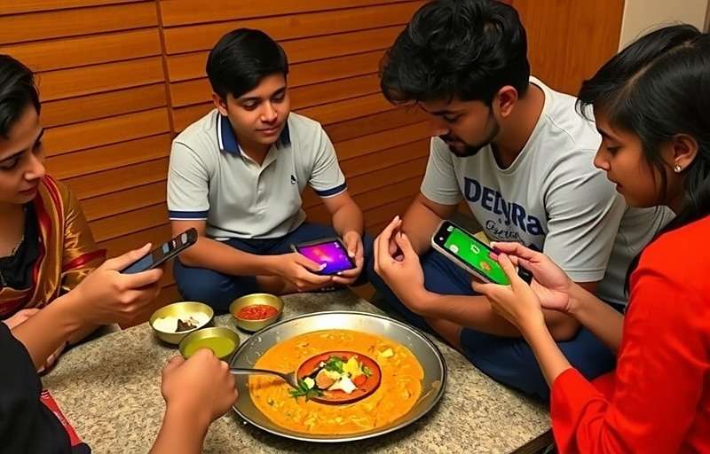 DalBaatiTrail - Family Gaming Experience Indian family playing DalBaatiTrail together on mobile devices, with a real plate of dal baati churma on the table