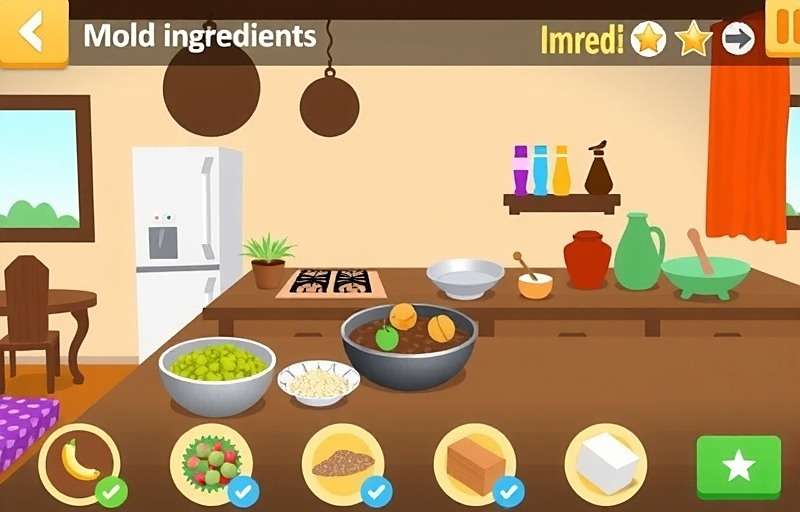 DalBaatiTrail Gameplay - Virtual Kitchen DalBaatiTrail gameplay showing a virtual kitchen with ingredients for making traditional dal baati